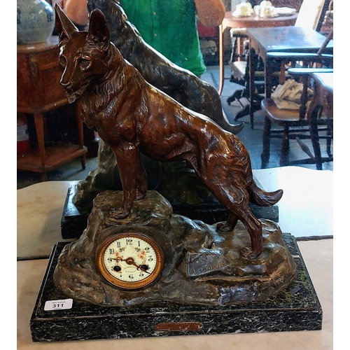 311 - Spelter Mantel Clock of German Shepherd Dog on Marble Base - Inscribed L. Carvin