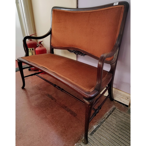 971 - Fine Edwardian Inlaid Mahogany Settee with Turned Stretcher Base - C. 106cm W x 48cm D