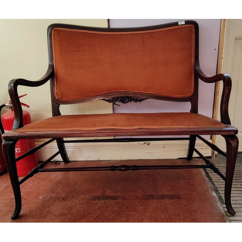 971 - Fine Edwardian Inlaid Mahogany Settee with Turned Stretcher Base - C. 106cm W x 48cm D