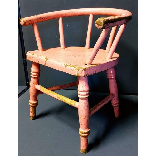 19 - Childs Pink Painted Pine Spindle Back Armchair
