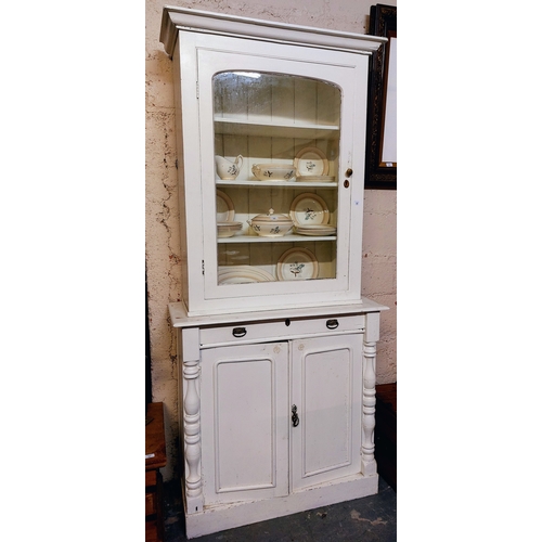 45 - Painted Pine Glazed Kitchen Cabinet over Drawer and Cupboard (2 Section) - C. 224cm H x 105cm W x 43... 