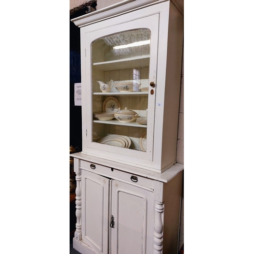 45 - Painted Pine Glazed Kitchen Cabinet over Drawer and Cupboard (2 Section) - C. 224cm H x 105cm W x 43... 