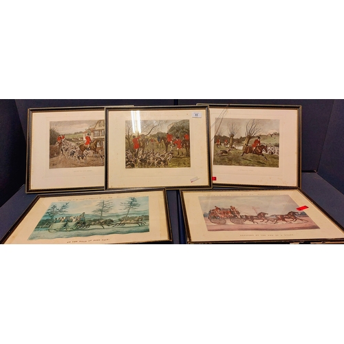 65 - 3 Framed Hunting Prints & 2 Ackermann Irish Horse Drawn Carriage Prints