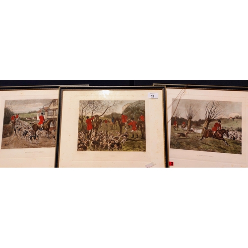 65 - 3 Framed Hunting Prints & 2 Ackermann Irish Horse Drawn Carriage Prints