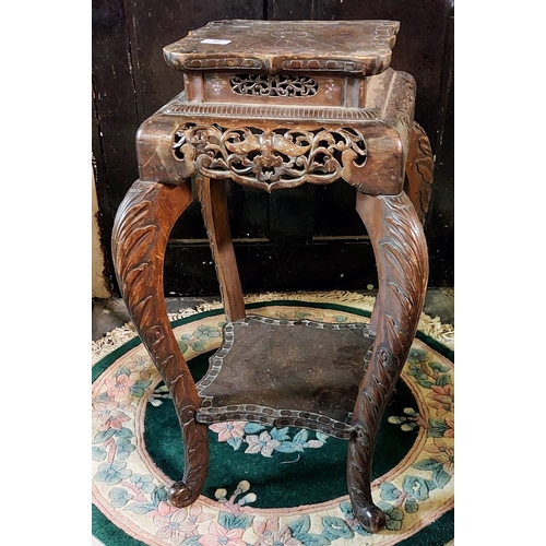 79 - Carved Oriental Style 2 Tier Plant Stand with Mother of Pearl Inlay - C. 78cm H x 45cm x 45cm