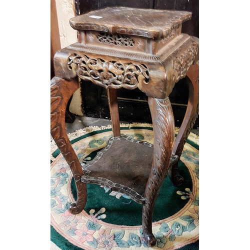 79 - Carved Oriental Style 2 Tier Plant Stand with Mother of Pearl Inlay - C. 78cm H x 45cm x 45cm