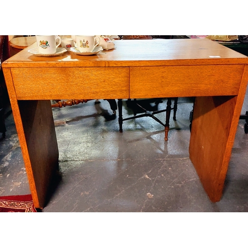 97 - Mid Century Light Oak 2 Drawer Desk / Side Table - C. 91cm W x 45cm D x 77cm H