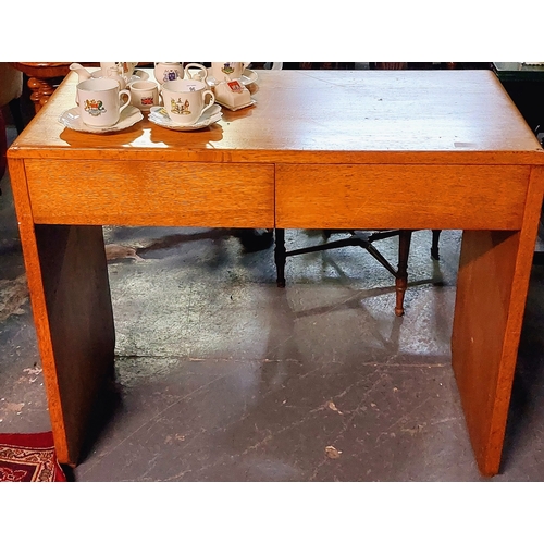 97 - Mid Century Light Oak 2 Drawer Desk / Side Table - C. 91cm W x 45cm D x 77cm H