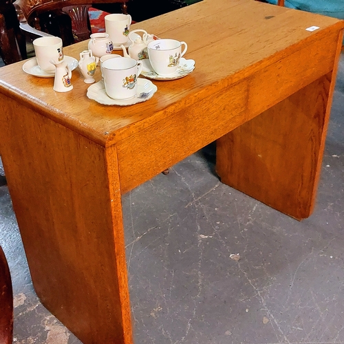 97 - Mid Century Light Oak 2 Drawer Desk / Side Table - C. 91cm W x 45cm D x 77cm H