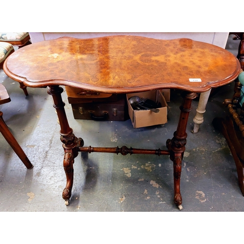 114 - Walnut Scallop Edge Occasional Table on Turned Stretcher  Base - C. 90cm W x 49cm D x 72cm H