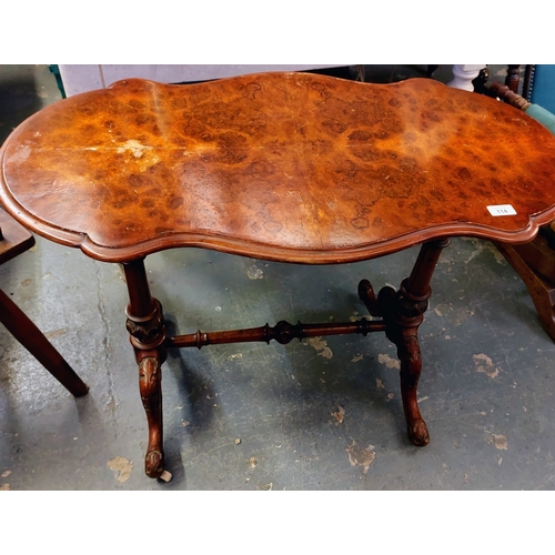 114 - Walnut Scallop Edge Occasional Table on Turned Stretcher  Base - C. 90cm W x 49cm D x 72cm H