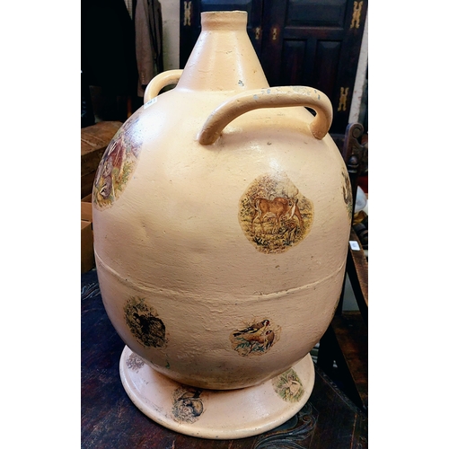 121 - Large Earthenware Vessel with Handles and Painted Birds Country Scene