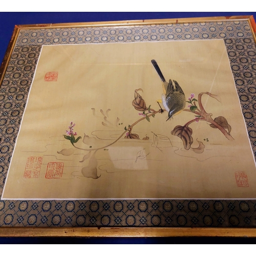 157 - Pair of Framed Oriental Hand Painted Bird Scenes