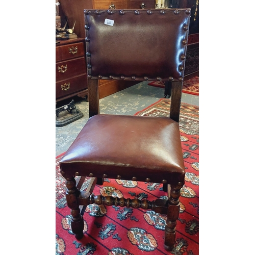 240 - Pair of Studded Leather Oak Hall Chairs with Ladder Side Stretcher and Turned Bobbin Front Stretcher