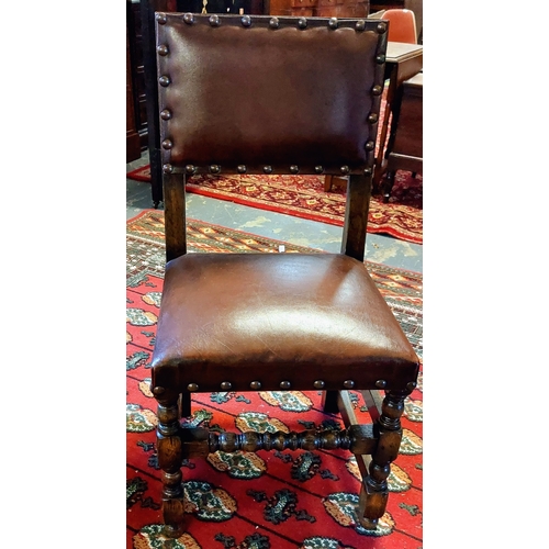 240 - Pair of Studded Leather Oak Hall Chairs with Ladder Side Stretcher and Turned Bobbin Front Stretcher