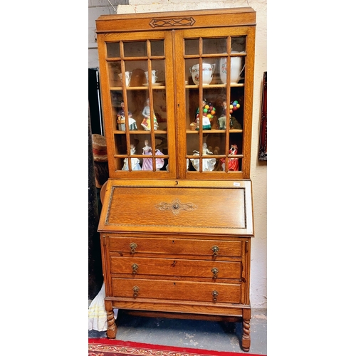 247 - Arts and Crafts Style 1930's Oak Bureau Bookcase with 3 Drawers - C. 92cm W x 45cm D x 200cm H