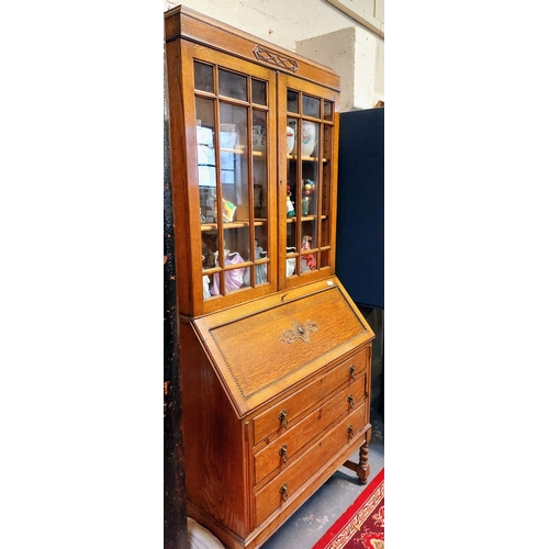 247 - Arts and Crafts Style 1930's Oak Bureau Bookcase with 3 Drawers - C. 92cm W x 45cm D x 200cm H