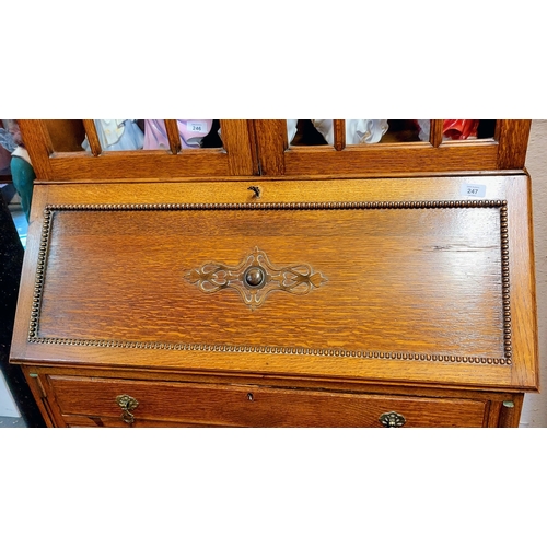 247 - Arts and Crafts Style 1930's Oak Bureau Bookcase with 3 Drawers - C. 92cm W x 45cm D x 200cm H