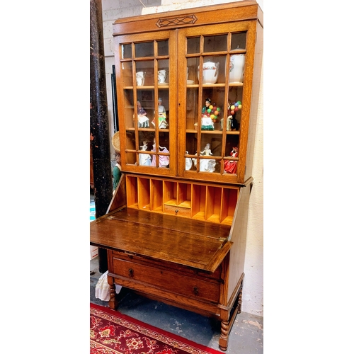 247 - Arts and Crafts Style 1930's Oak Bureau Bookcase with 3 Drawers - C. 92cm W x 45cm D x 200cm H