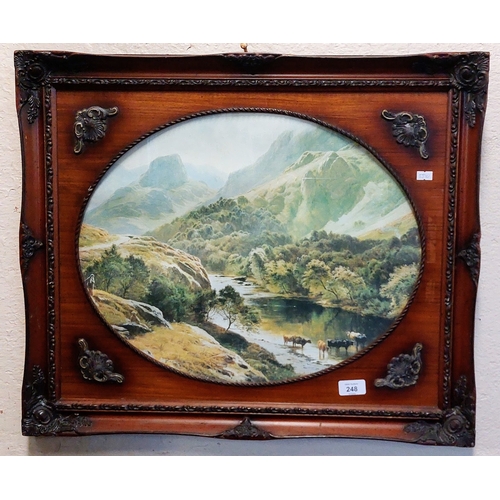 248 - Carved Mahogany Oak Frame Oval Highland Sene - C. 65cm W x 55cm H