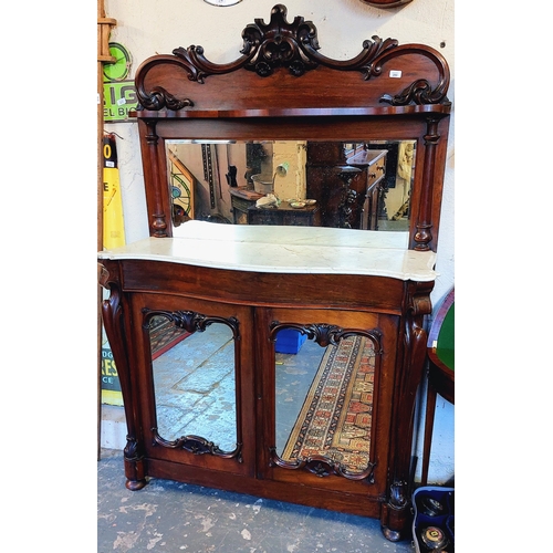 280 - Carved Mahogany Victorian Mirror Back Chiffonier with Drawer and Mirrored Cupboard Doors - C. 128cm ... 