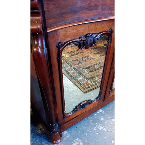 280 - Carved Mahogany Victorian Mirror Back Chiffonier with Drawer and Mirrored Cupboard Doors - C. 128cm ... 