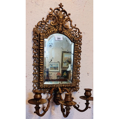 284 - Neat Gilt Metal Bevelled Mirror with 3 Branch Candle Holder - C. 53cm H