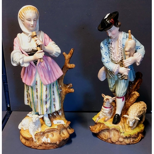 287 - Pair of Porcelain Shepherd and Shepherdess Meissen Style Figures - C. 43cm H