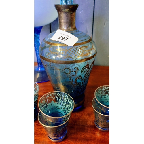 297 - Blue Glass Decanter with 6 Glasses and a Tall Twisted Stem Glass Bowl