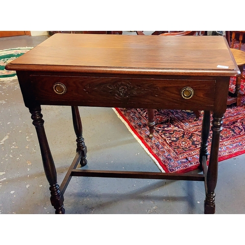 313 - Oak Hall Table with Carved Drawer on Stretcher Base