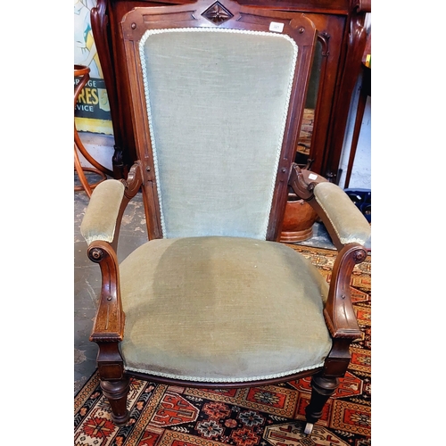 321 - Edwardian Carved Mahogany Upholstered Armchair on Castors