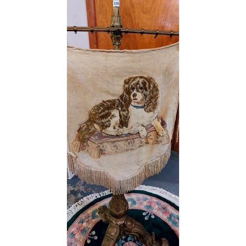 339 - Gilt Pole Screen on Tripod Base with Tapestry of Dog