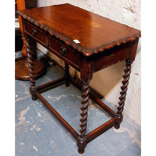 374 - Oak Carved Edge Side Table with Drawer on Barley Twist Legs - C. 76cm W x 44cm D x 78cm H