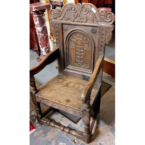 380 - C. 18th Century Carved Oak Panel Back Armchair