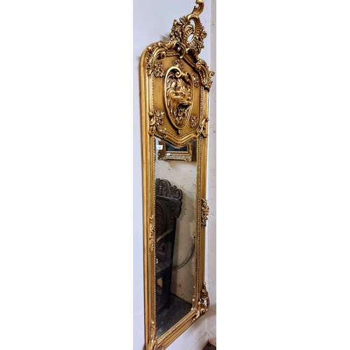 385 - Narrow Gilt Decorative Lion Head Bevelled Mirror - C. 180cm H x 49cm W