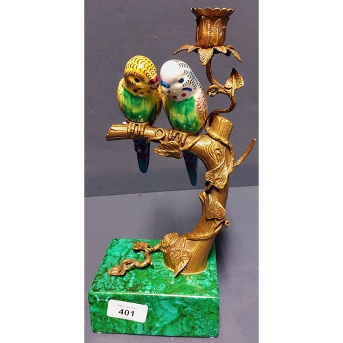 401 - Pair of Ceramic Budgies Sitting on Gilt Metal Tree with Candle Holder