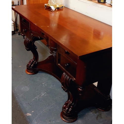 405 - Mahogany Carved Base Side Table with 4 Drawers on Claw Feet Pedestals - C. 122cm W x 56cm D x 75cm H