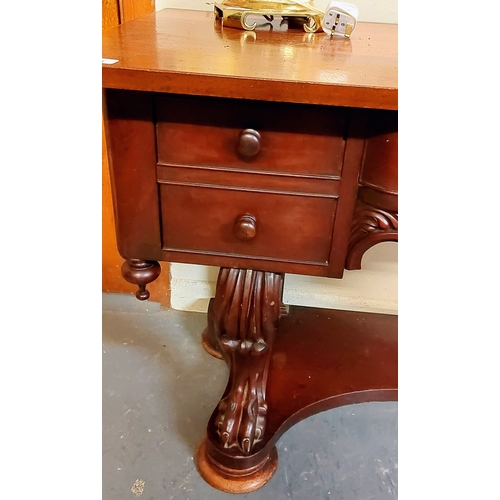 405 - Mahogany Carved Base Side Table with 4 Drawers on Claw Feet Pedestals - C. 122cm W x 56cm D x 75cm H