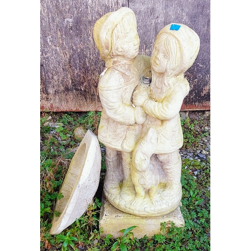 416 - Composite Stone Figure Birdbath of Boy and Girl with Dog - C. 80cm H