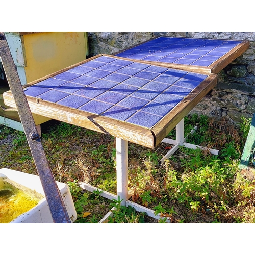 424 - Pair of Blue Tile Top Tables with Metal Base - C. 70cm x 70cm x 76cm H