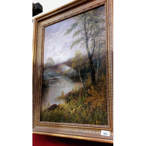 462 - Elizabeth Hanton - Gilt Framed Oil on Canvas Lake Scene - C. 54cm W x 74cm H