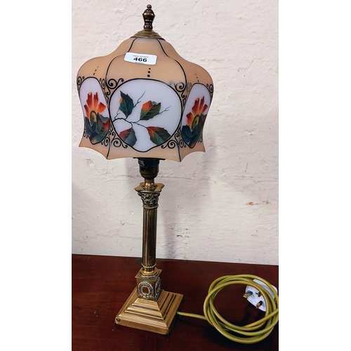 466 - Brass Table Lamp with Painted Glass Shade - C. 48cm H