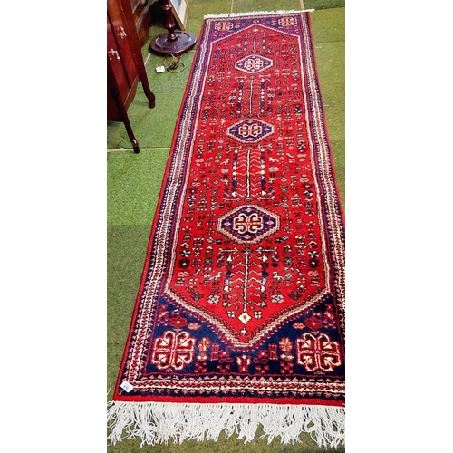 470 - Red Woolen Indian Runner Rug - C. 280cm x 74cm