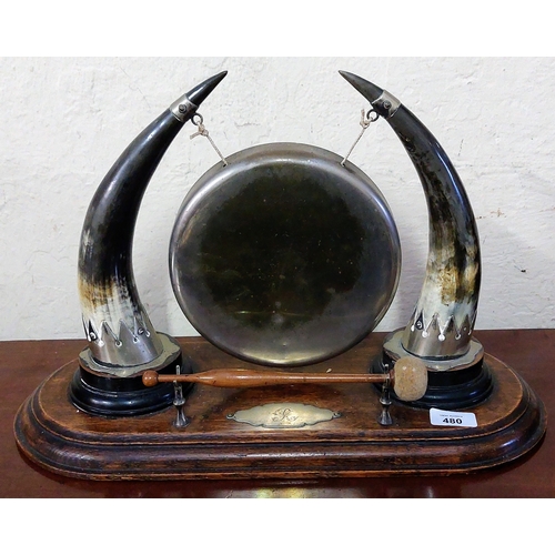 480 - Horn Mounted Dinner Gong on Carved Oak Base - C. 47cm W