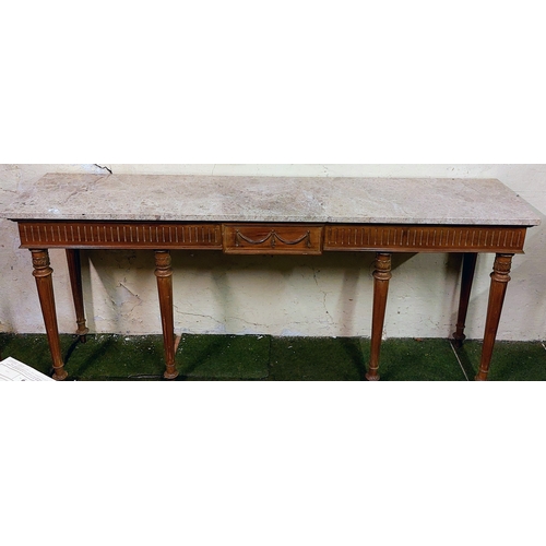 486 - Late 19th Century Walnut Marble Top Serving Table on Reeded Legs - C. 224cm W x 52cm D x 97cm H