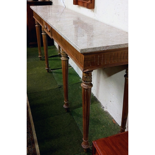 486 - Late 19th Century Walnut Marble Top Serving Table on Reeded Legs - C. 224cm W x 52cm D x 97cm H