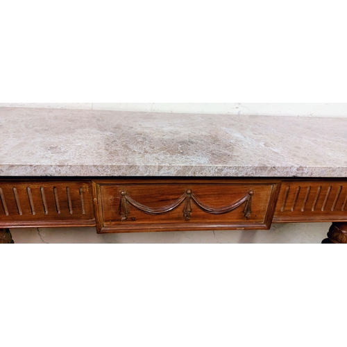 486 - Late 19th Century Walnut Marble Top Serving Table on Reeded Legs - C. 224cm W x 52cm D x 97cm H