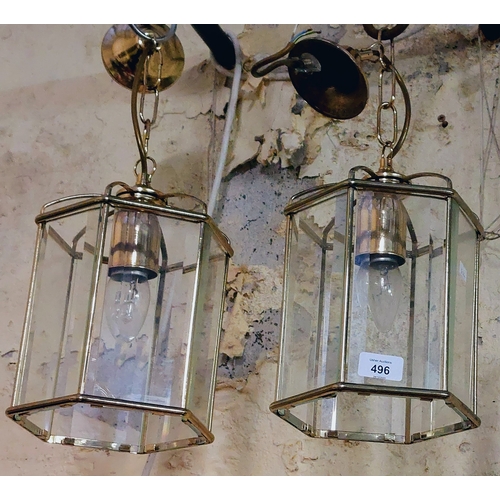 496 - 2 Brass and Glass Neat Size Light Fittings - C. 20cm H