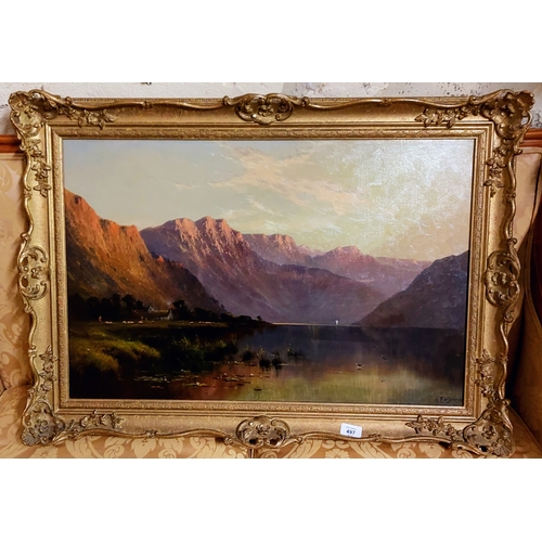 497 - A.F. de Breanski Oil on Canvas - Gilt Framed Lake and Mountain Scene - C. 90cm x 64cm