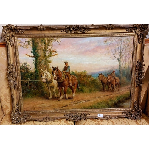 498 - T. Haddon RBA Oil on Canvas - Gilt Framed Working Draft Horses - C. 90cm x 64cm